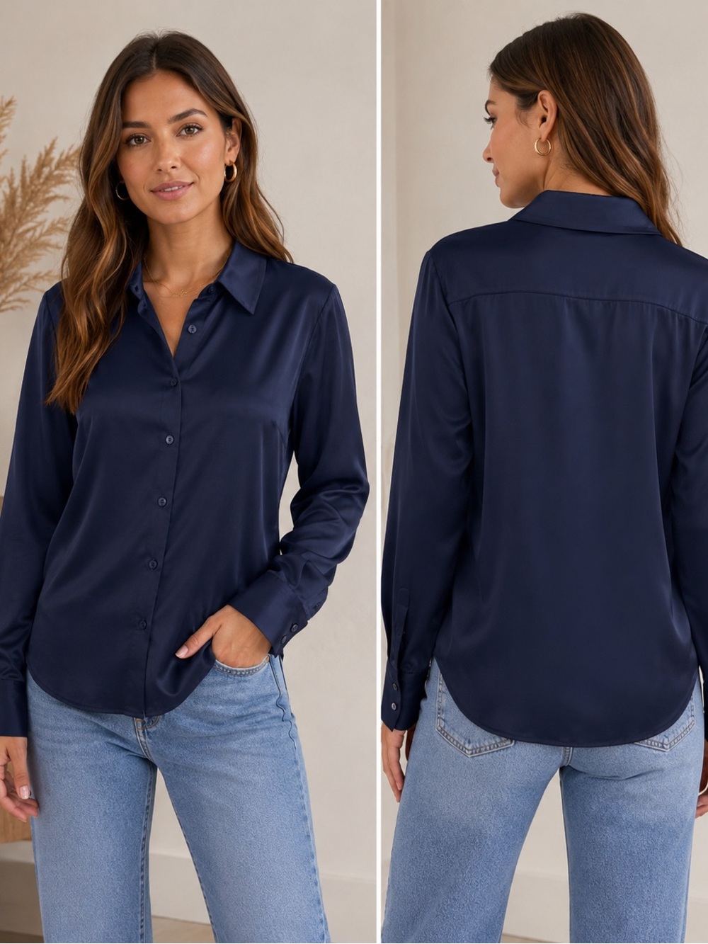 ANTONIO MELANI Navy Satin Button-Front Blouse
